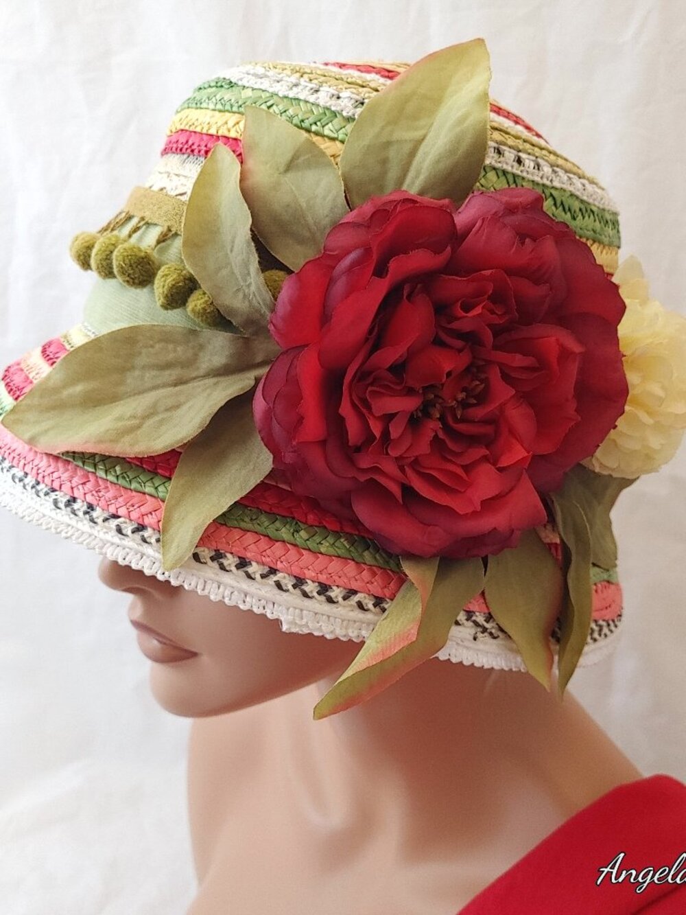 Custom Upcycled Straw Bucket Hat w/ Red Peony Corsage